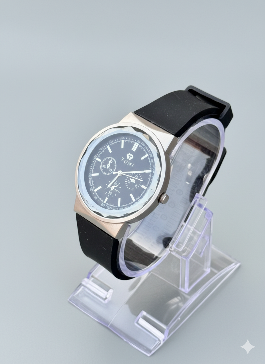 TOMI Luxury Black Dial Wristwatch for Men  Stylish Analog Watch with Silicone Strap