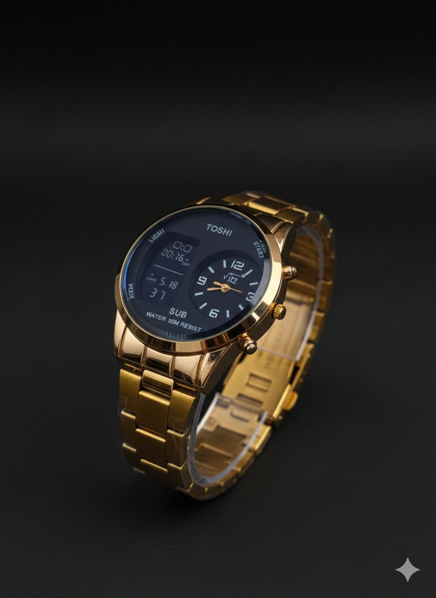 TOSHI Dual Display Gold Watch