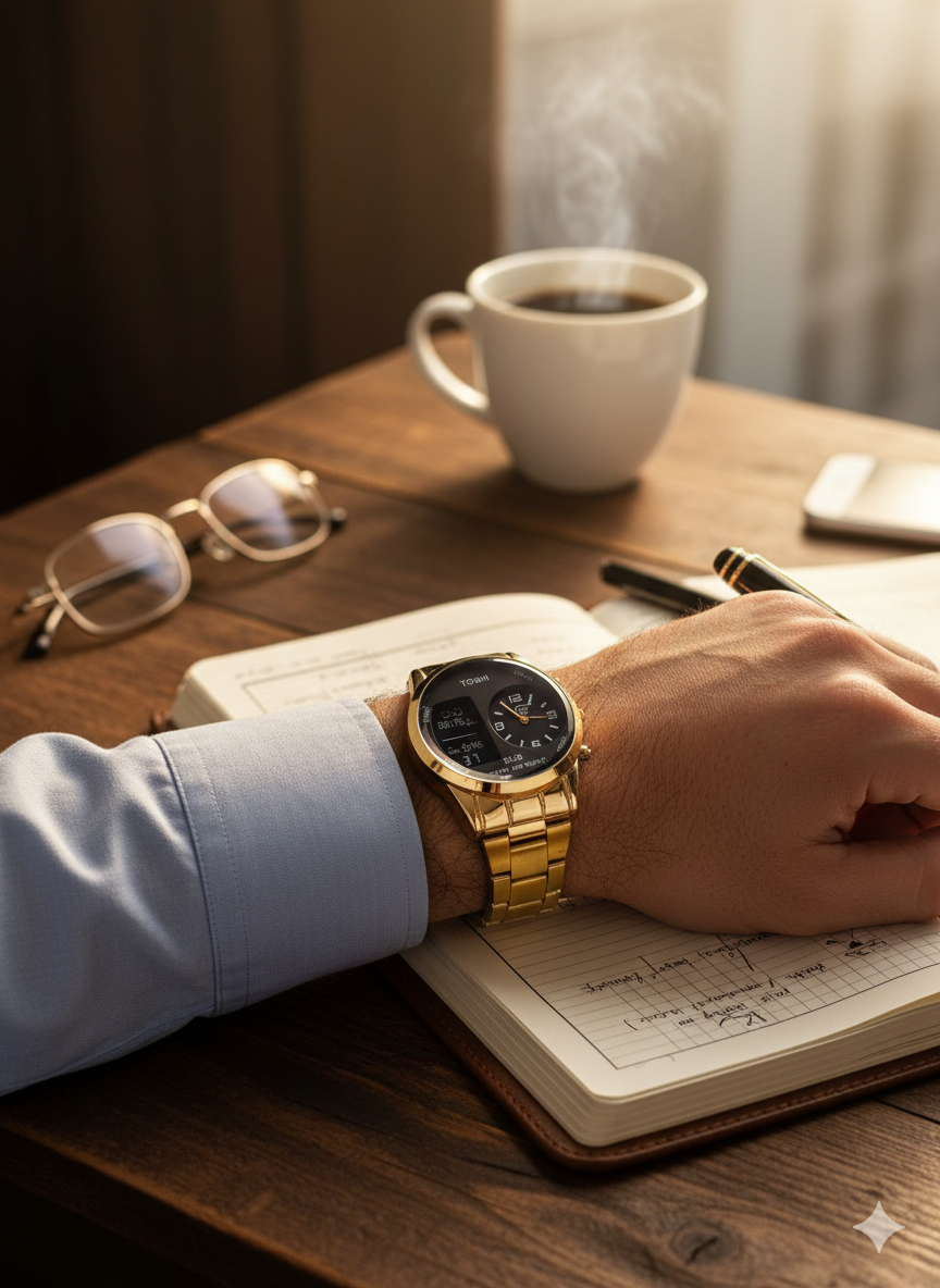 TOSHI Dual Display Gold Watch